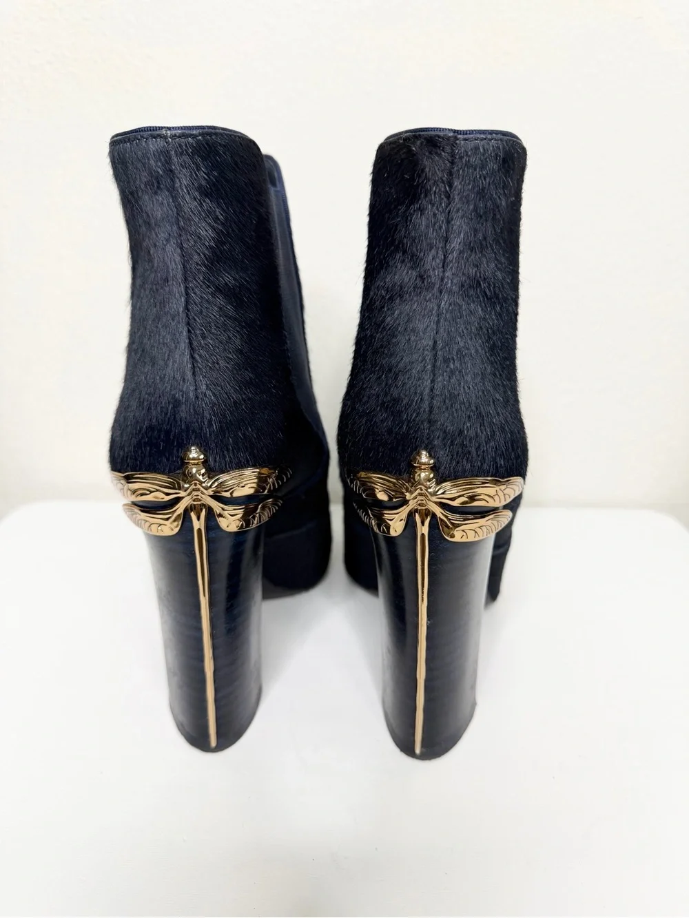 Tory Burch Theodora Gold Dragonfly Blue Ankle Boots Pony Hair Booties Size 10.5